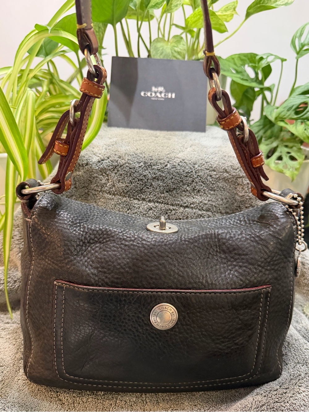 Coach Black Pebbled Leather Shoulder Bag with Brown Strap Accents - Picture 2 of 11